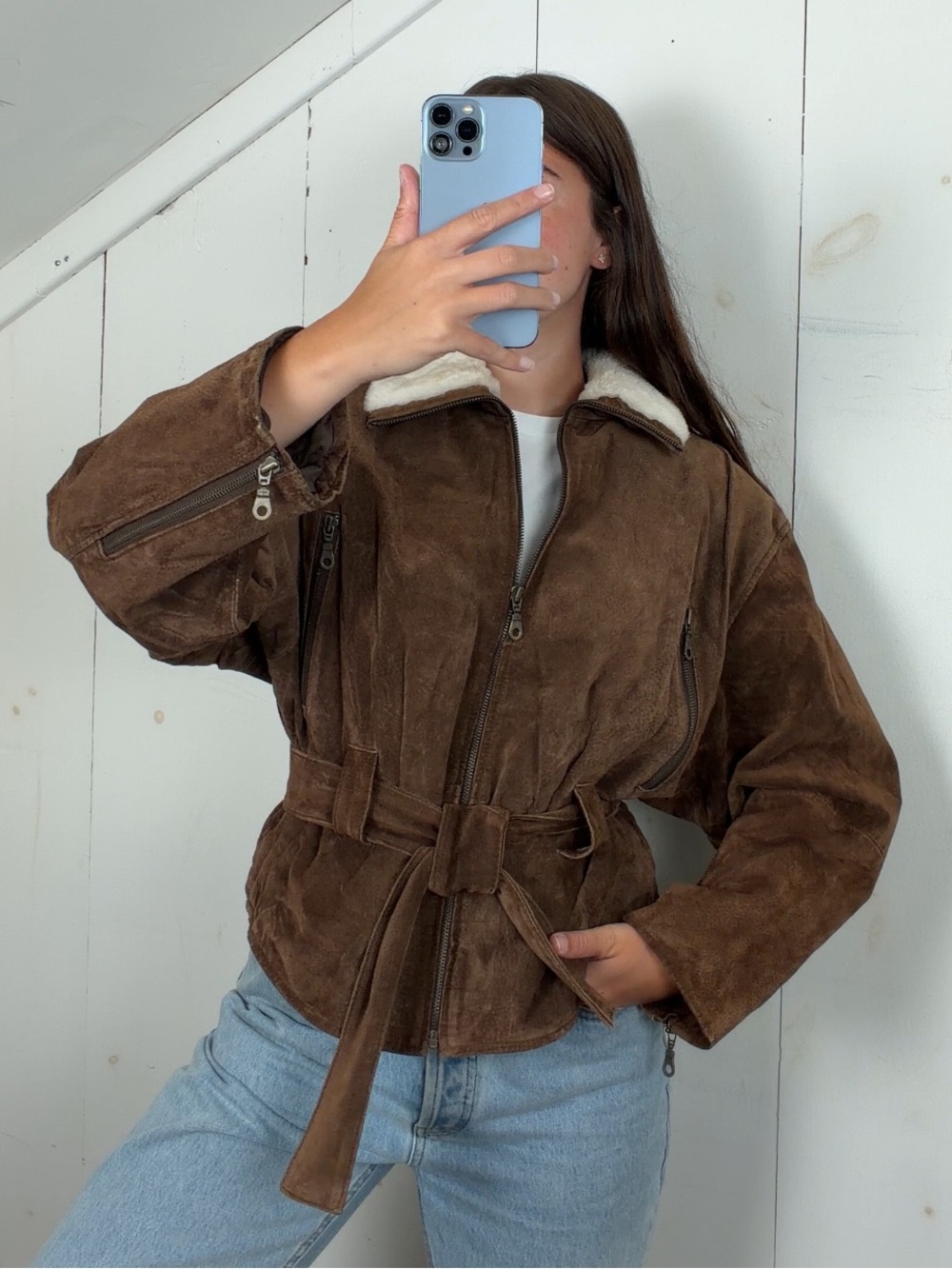 Vintage Brown Suede Leather Belted Aviator Bomber Jacket Women’s Medium 90s Y2K